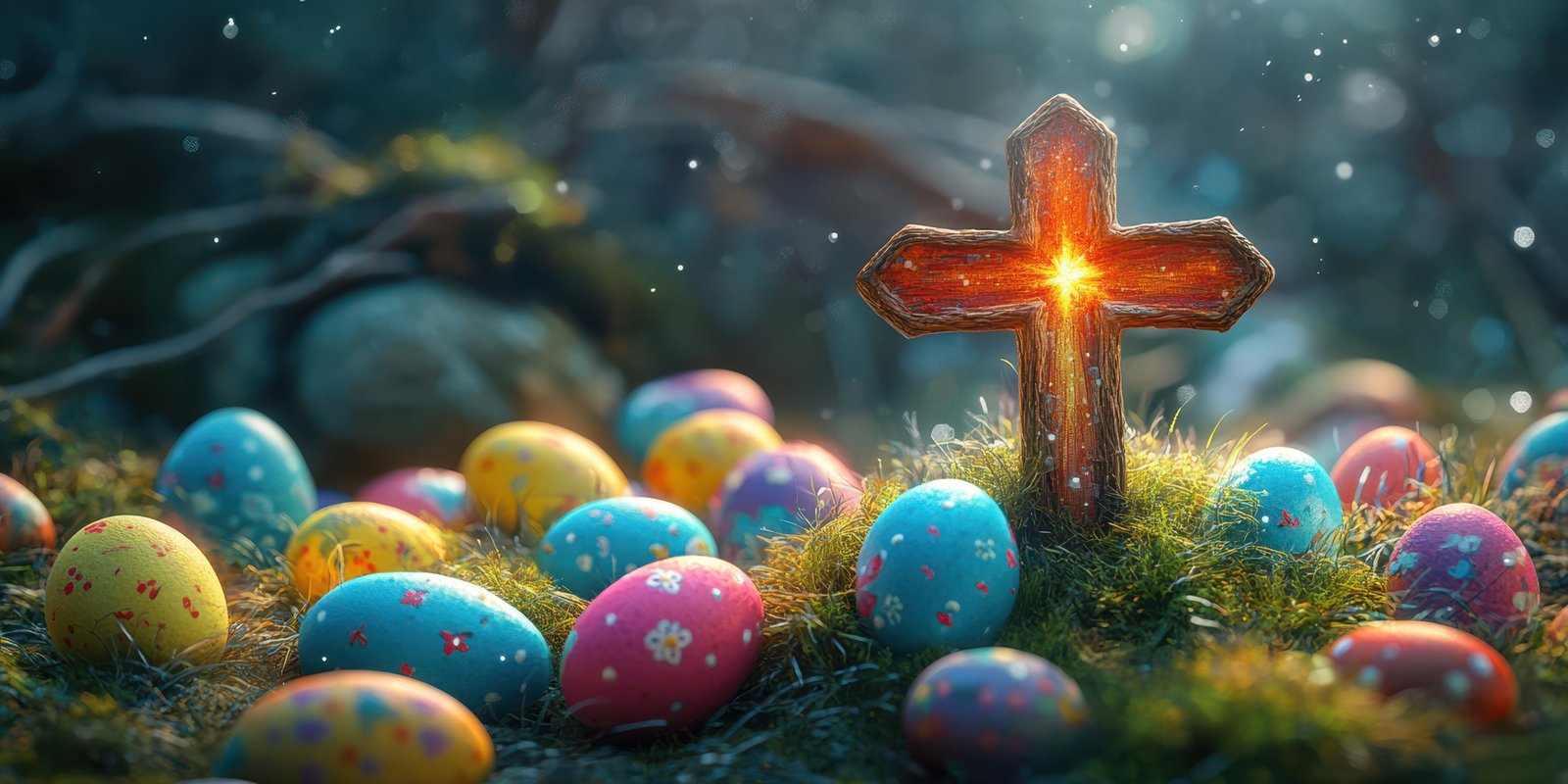 Colorful Easter eggs surround a glowing wooden cross in a tranquil forest setting during springtime